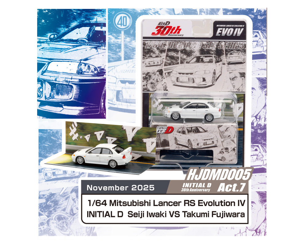 (Preorder) Hobby Japan 1:64 Initial D 30th Anniversary Mitsubishi Lancer RS Evolution IV / INITIAL D Seiji Iwaki VS Takumi Fujiwara- JDM64 - House of Cars Virginia