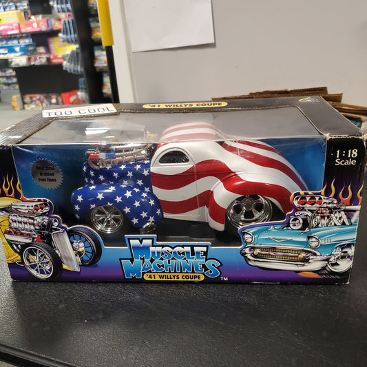 FunLine Muscle Machines '41 Willys Coupe Gasser USA Flag 1:18 Diecast Car w/ Box 015 - House of Cars Virginia