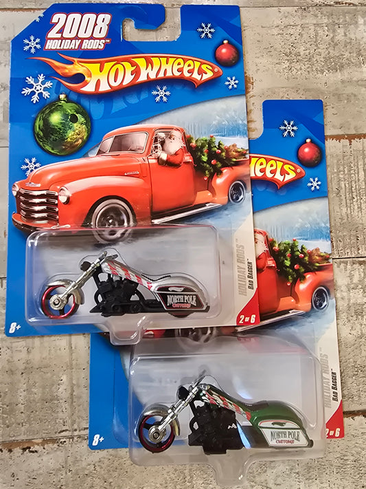 Hot Wheels 2008 Holiday Rods Silver BAD BAGGER Motorcycle Christmas Themed set of 2 - House of Cars Virginia