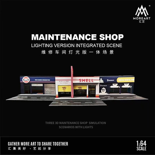 1:64 Maintenance Workshop Lighting Version 3D Scene Model Shell, Gulf and Michelin shops Diorama - House of Cars Virginia