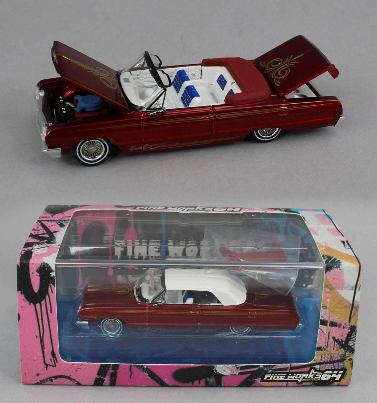 1:64 *FINE WORKS 64* Red Chevrolet IMPALA *LOWRIDER* High Detail Diecast NIB - House of Cars Virginia