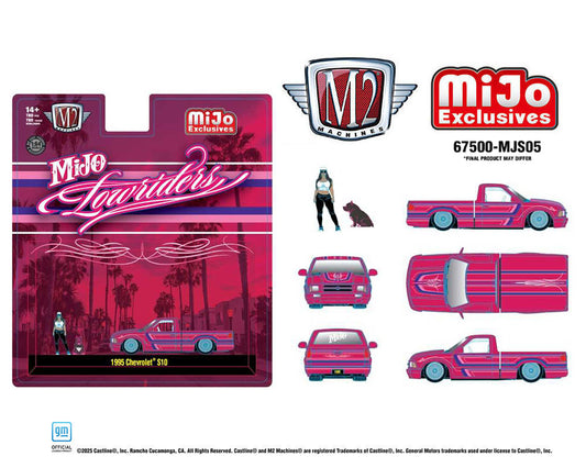 (Preorder) M2 Machines 1:64 Diorama Series 1995 Chevrolet S10 Lowriders with Girl & Pitbull Dog Figures – Pink – Mijo Exclusives - House of Cars Virginia