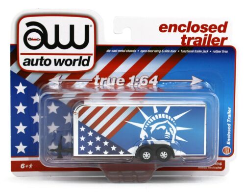 AUTO WORLD 1:64 *PATRIOTIC* Stars & Stripes ENCLOSED Car Trailer *NIP* - House of Cars Virginia