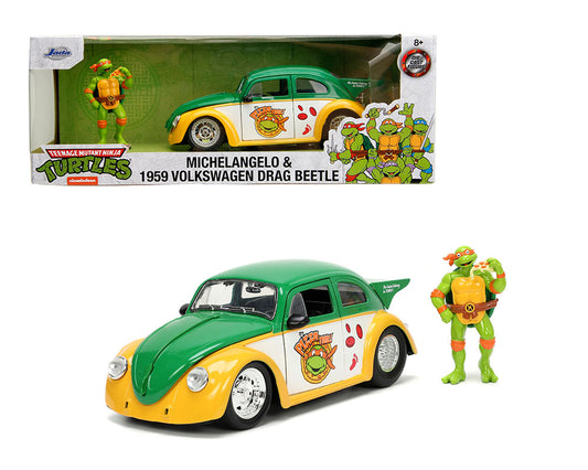 Jada 1:24 1959 Volkswagen Drag Beetle with Michelangelo Figure – Teenage Mutant Ninja Turtles (TMNT) – Hollywood Rides - House of Cars Virginia