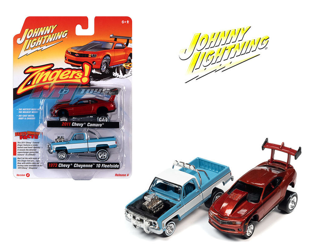 Johnny Lightning 1:64 Theme 2 Pack – Zingers 2011 Chevy Camaro & 1973 Chevrolet Cheyenne 10 Fleetside A - House of Cars Virginia