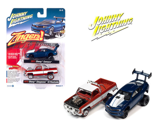 Johnny Lightning 1:64 Theme 2 Pack – Zingers 2011 Chevy Camaro & 1973 Chevrolet Cheyenne 10 Fleetside B - House of Cars Virginia