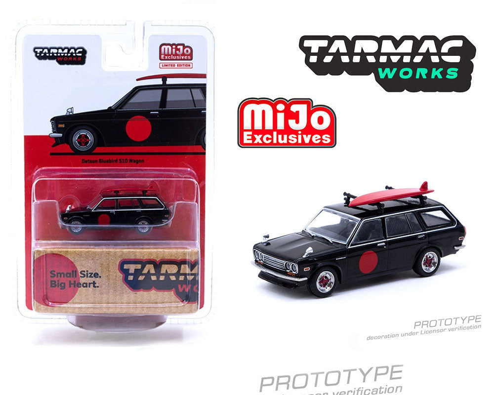 Tarmac Works 1:64 Datsun Bluebird 510 Wagon Black With Surfboard Special Limited Edition.- Mijo Exclusive - House of Cars Virginia